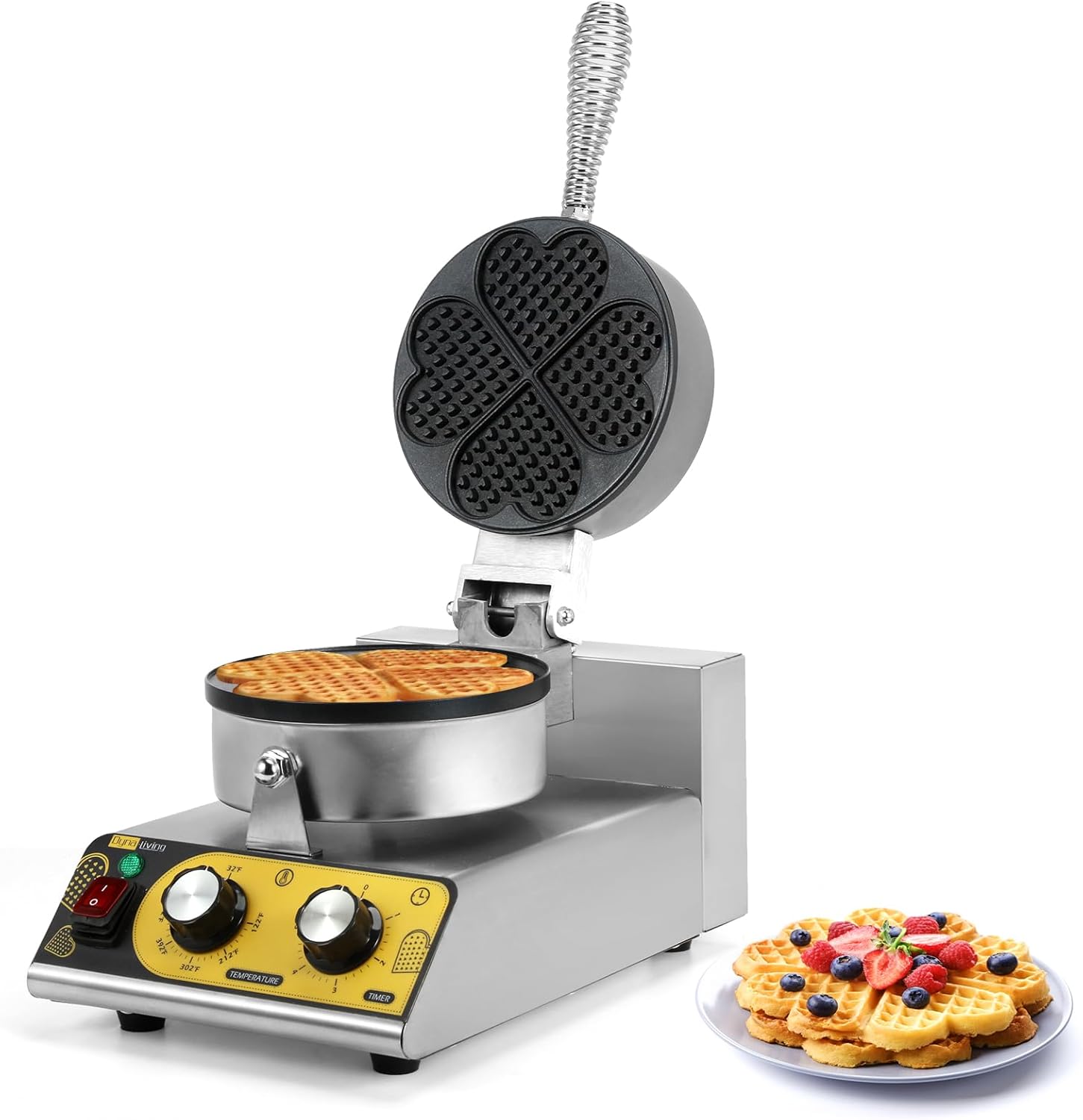 Dyna-Living Commercial Heart Shaped Waffle Maker, 1200W Non-stick Electric Hotel Waffle Maker, 4 Heart