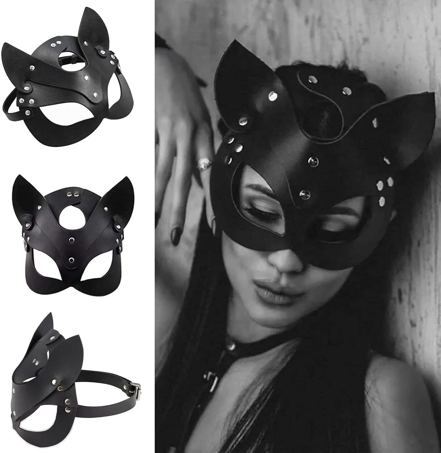 SINSEN Women Leather Cat Mask Sexy Half Face Eyemask Cosplay Costume Props Halloween Party Masquerade Mardi Gras Carnival Accessories