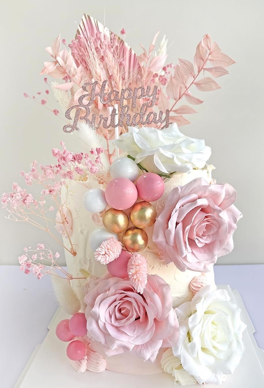 VELAFEE 29 Pcs Pink Cake Decorations - Happy Birthday Cake Topper with Palm, Cake Balls, Dried Flowers for Boho Decor