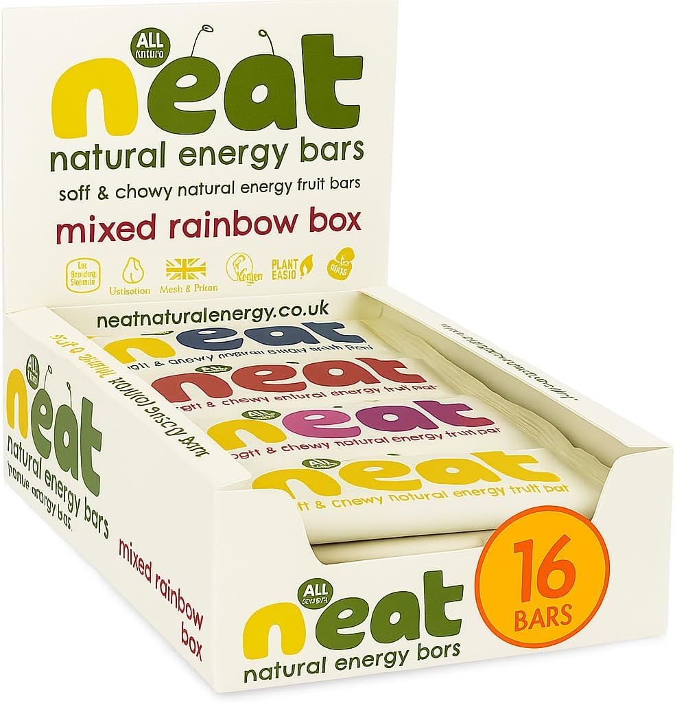 N'eat Natural Energy Bars - Healthy Snack for Adults and Kids - Palm Oil Free Low Calorie Snacks - Vegan Snacks and Fruit Bar Bursting with Natural Energy - 16x45g Fruit Bars - Rainbow Selection Box