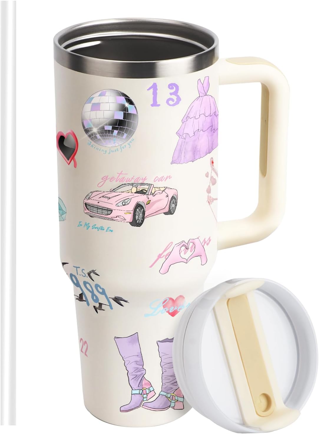 WALLFID 40oz Tumbler,Stainless Steel Insulated Mug with Handle and Straw,Reusable Cute Pattern Travel Coffee Cup,Large Capacity Tumbler for Women and Fans (Lid A)