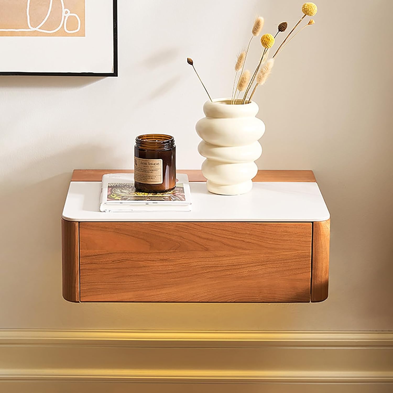 Floating Nightstand with Charging Station,Solid Wood Wall Nightstand,Hanging Storage for Bedroom, Entryway Natural Oak