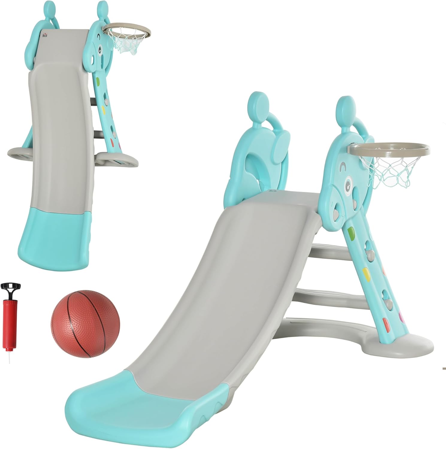 Qaba 2 in 1 Kids Slide with Basketball Hoop, Foldable Toddler Freestanding Slider Playset, for 18 Months -4 Years Deer Shaped, Includes Basketball, Pump - Blue