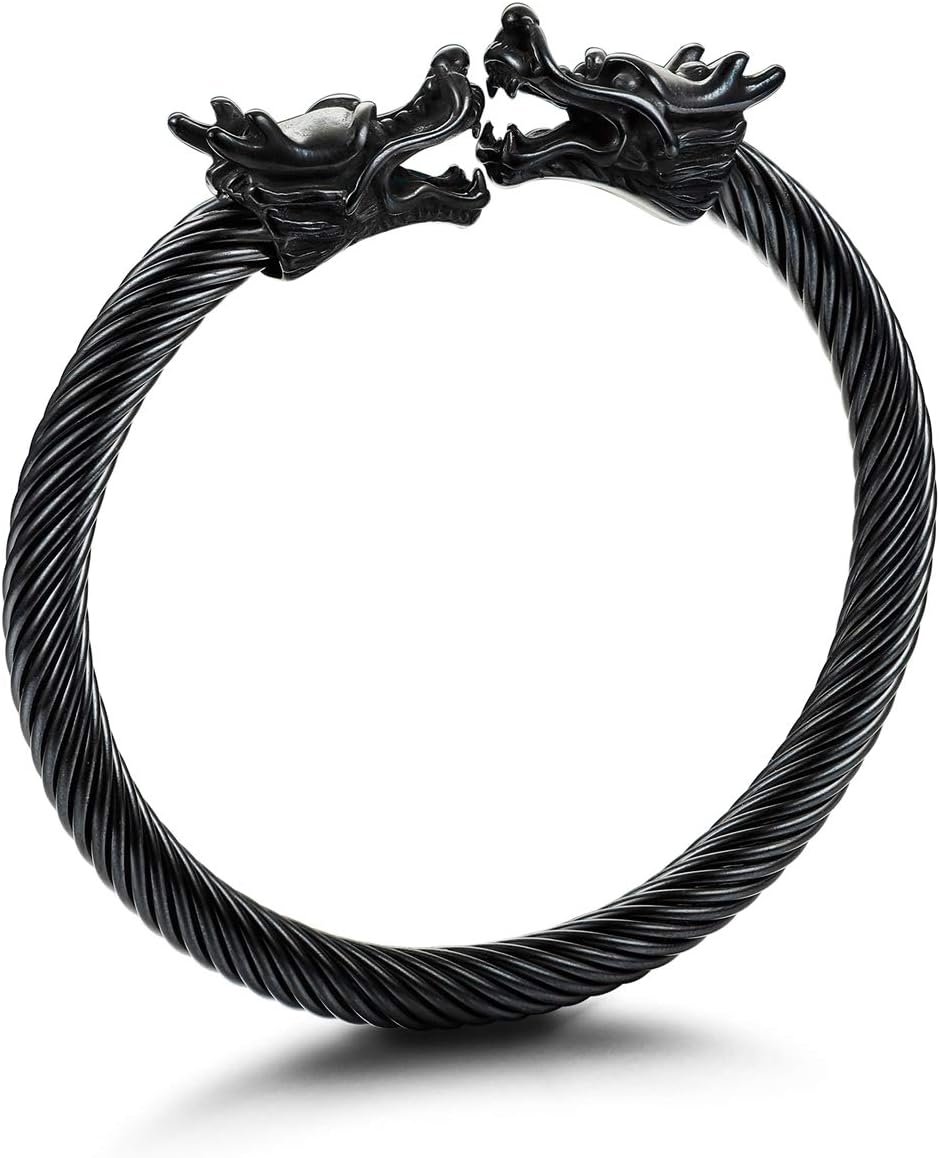 Besteel Stainless Steel Dragon Bracelet for Men Women Towards Dragon Head Bangle Bracelet Rope Cable Adjustable Black