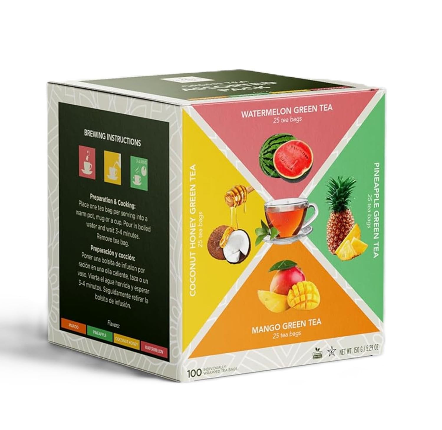 Premium Exotic Fruit Green Tea Variety Sampler Bulk 100 Pack Individually Wrapped Bags 25 Per Flavor Caffeinated Sugar Free Keto And Diabetic Friendly