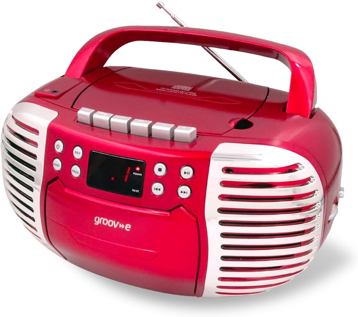 Groov-e Retro Boombox - Portable Cassette Tape & CD Player with Radio, 3.5mm Aux Port, & Headphone Socket - LED Display, 2 x 1.2W Speakers - Battery or Mains Powered - Red
