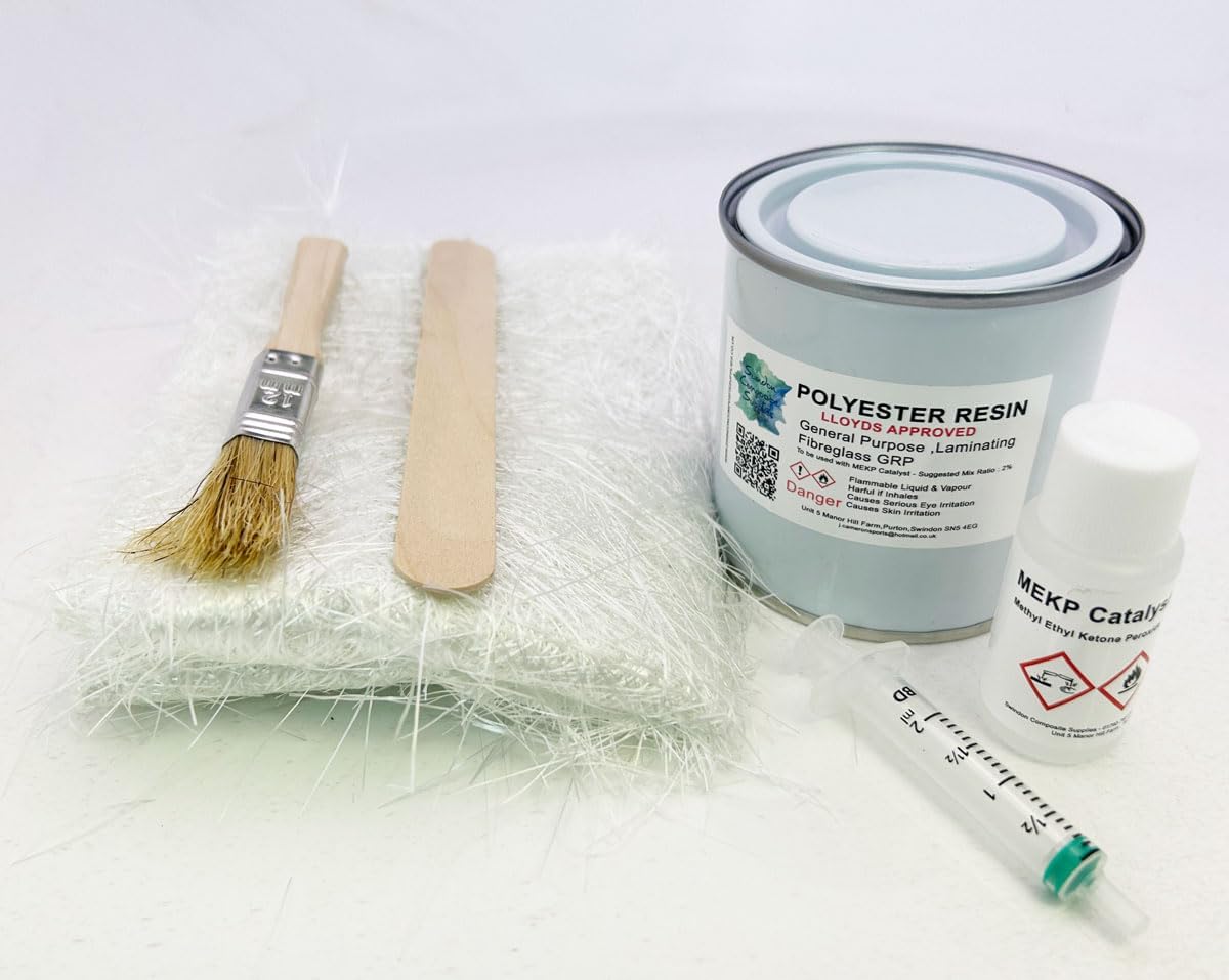 Swindon Composite Supplies : Fibreglass Repair Kit 250g - Resin,Hardener & Fibreglass - Supplied with Accessories- Professional Standard Lloyds Approved