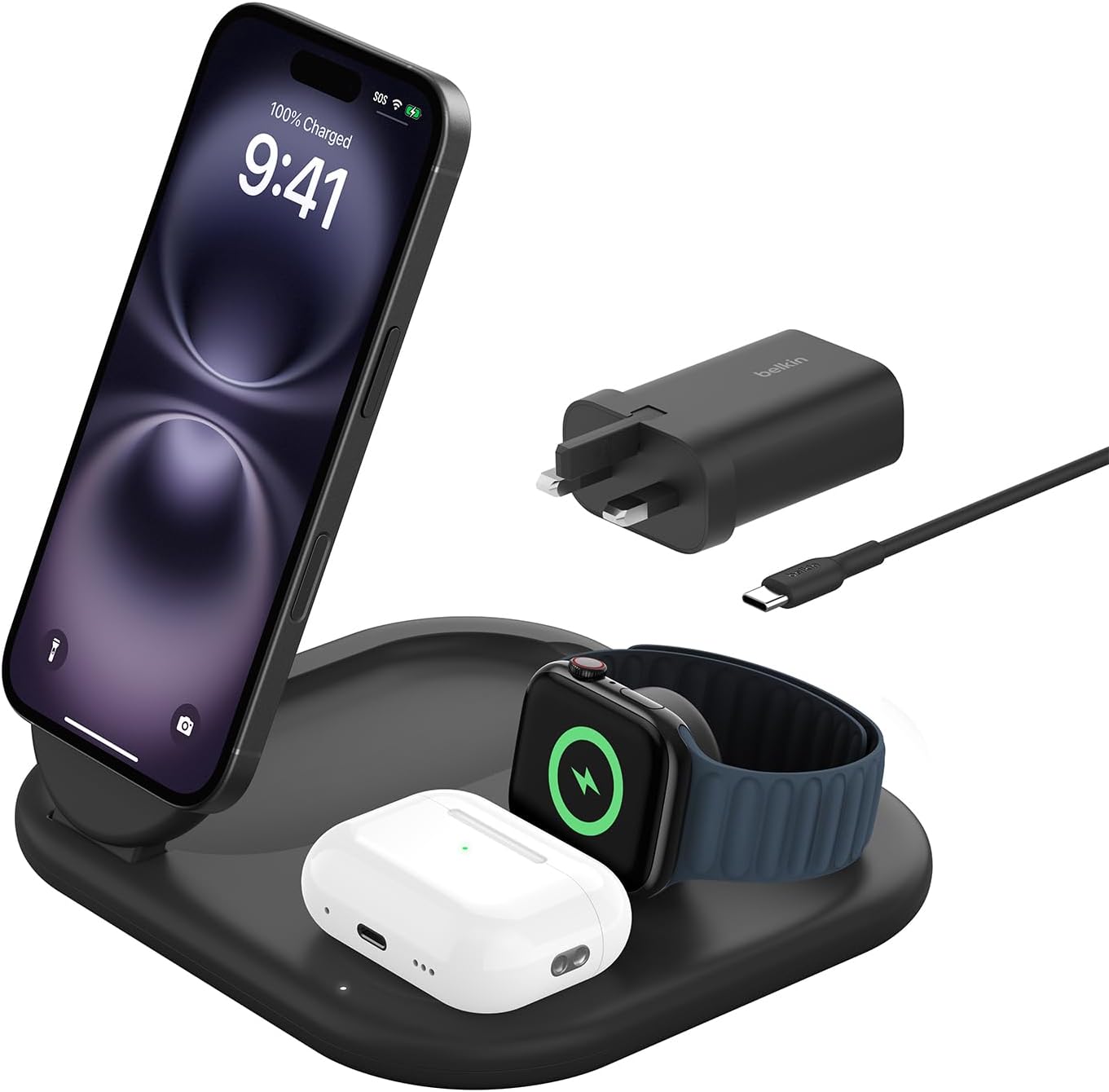 Belkin MagSafe Charger, BoostCharge 3-in-1 Magnetic Foldable Charger with Qi2 15W - MagSafe-Compatible Fast Charger for iPhone 16, 15, Apple Watch, AirPods with Non-Slip Base, PSU Included - Black