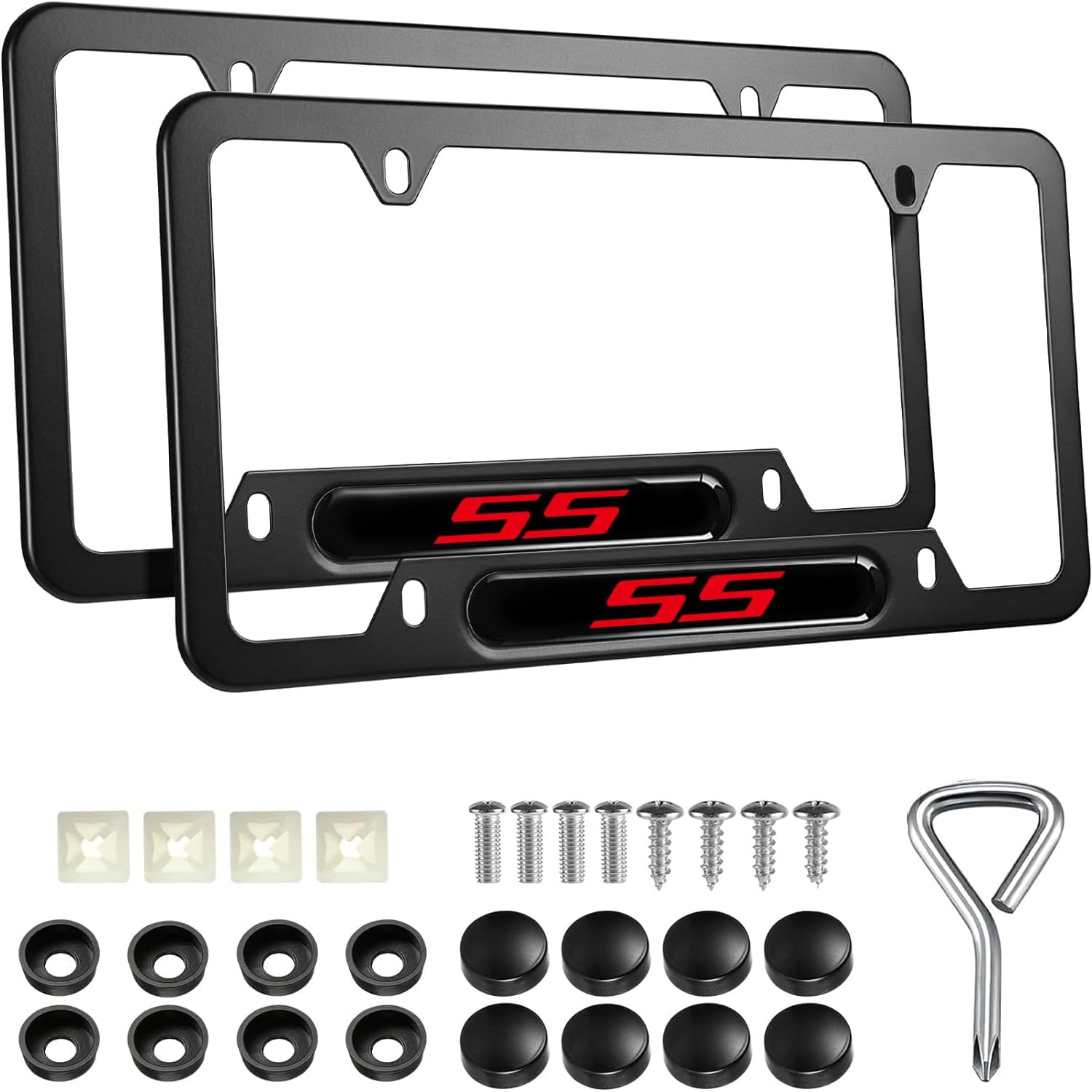 2PCS License Plate Frames Compatible with Chevy Camaro SS Cars, Universal Aluminum Alloy Car License Plate Holders with 4 Holes for SS Owners