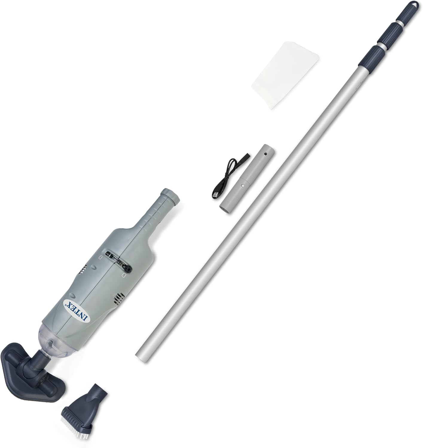 INTEX Rechargeable Handheld Pool Vacuum Cleaner with 94” Telescoping Pole, 2 Brush Heads, & Shaft Adapter for PureSpas & Pools