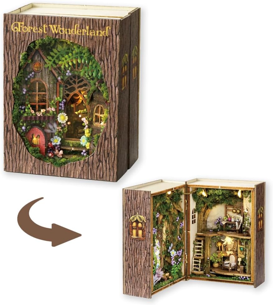 TuKIIE DIY Miniature Dollhouse Kit with Furniture, 1:32 Scale Opened & Closed Mini Cube Wooden Doll House Book Nook Creative Room for Kids Teens Adults(Forest Wonderland)