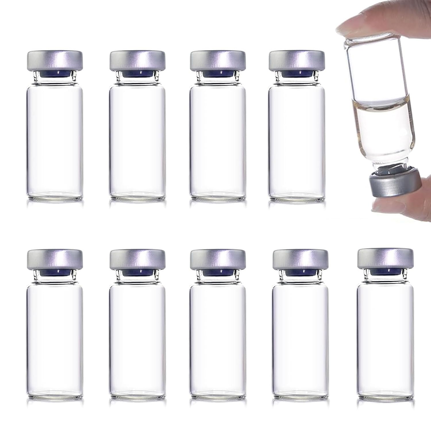 15Pcs Sealed Sample Vials, Glass Vials Clear Bottom Headspace Vial Kit with Silver Flip Caps, Grey Butyl Stoppers Sample Bottles for Urine Test, Syringe Injections, Lab Storage (10ml)