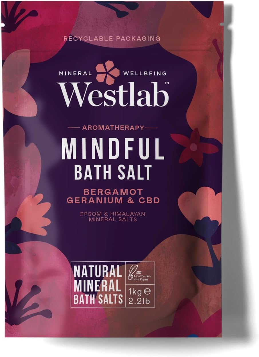 Westlab Mindful CBD Bath Salts 1kg - Epsom & Himalayan Salts Infused with Bergamot, Geranium for Calming and Soothing, Guaranteed Purity.