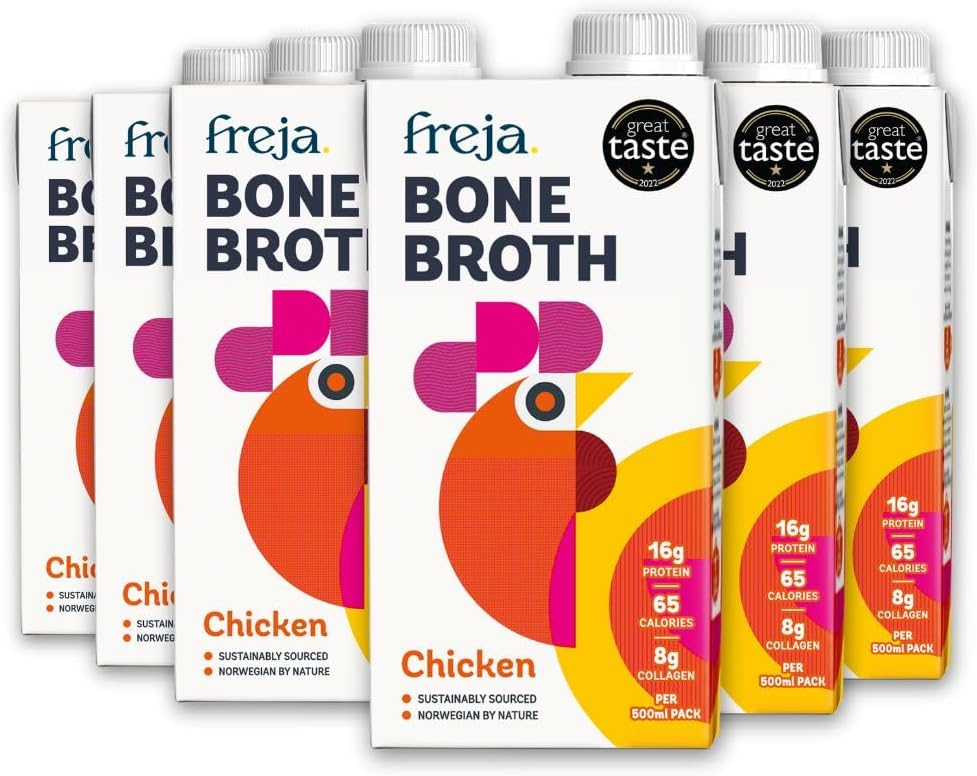 Freja Chicken Bone Broth | Free Range | Collagen, Protein & Amino Acids | Low Carb & Gluten Free | Clear Liquid Broth, not Chicken Stock Cubes, Powder or Concentrate | 6 x 500ml