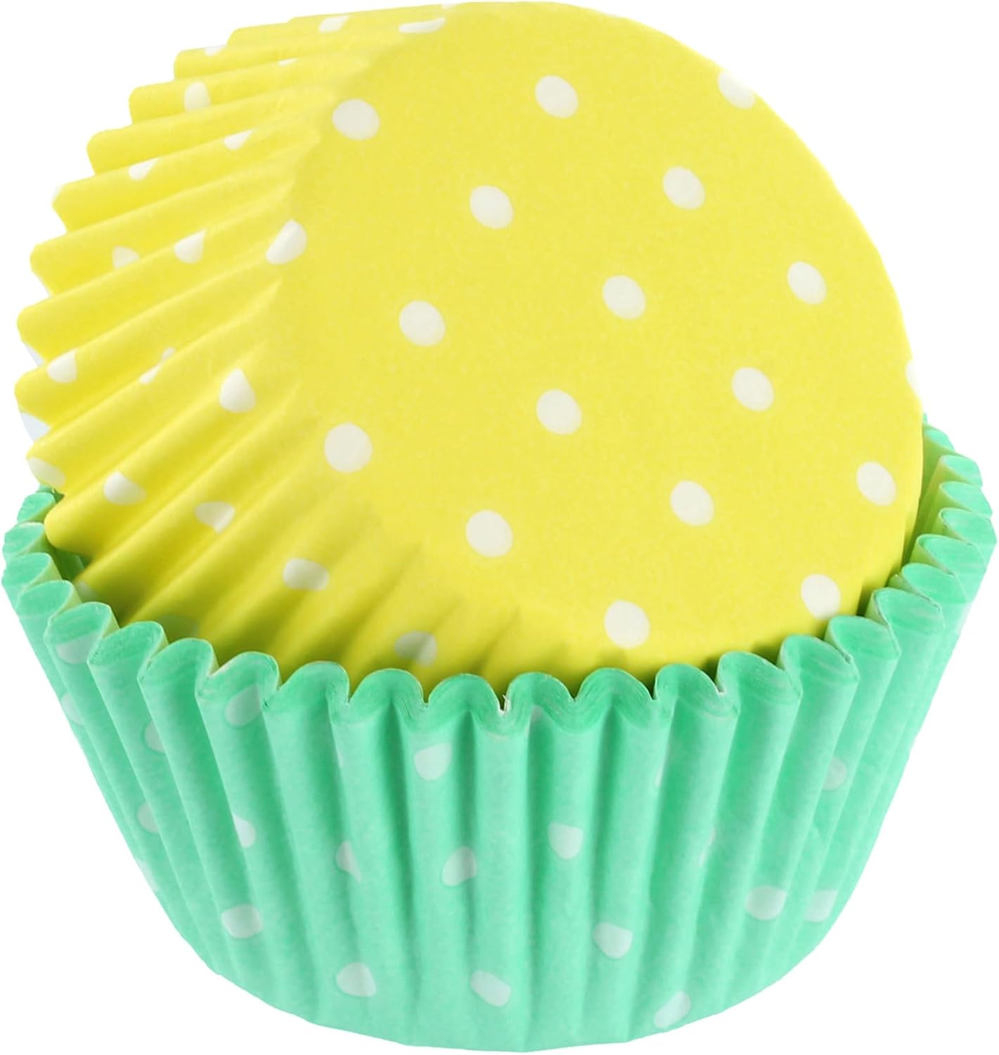 Baked With Love Polka Dot Cupcake Cases | 50 Baking Cups | Green & Yellow Pastel Greaseproof Paper Cases for Muffins and Cupcakes, Pack of 50