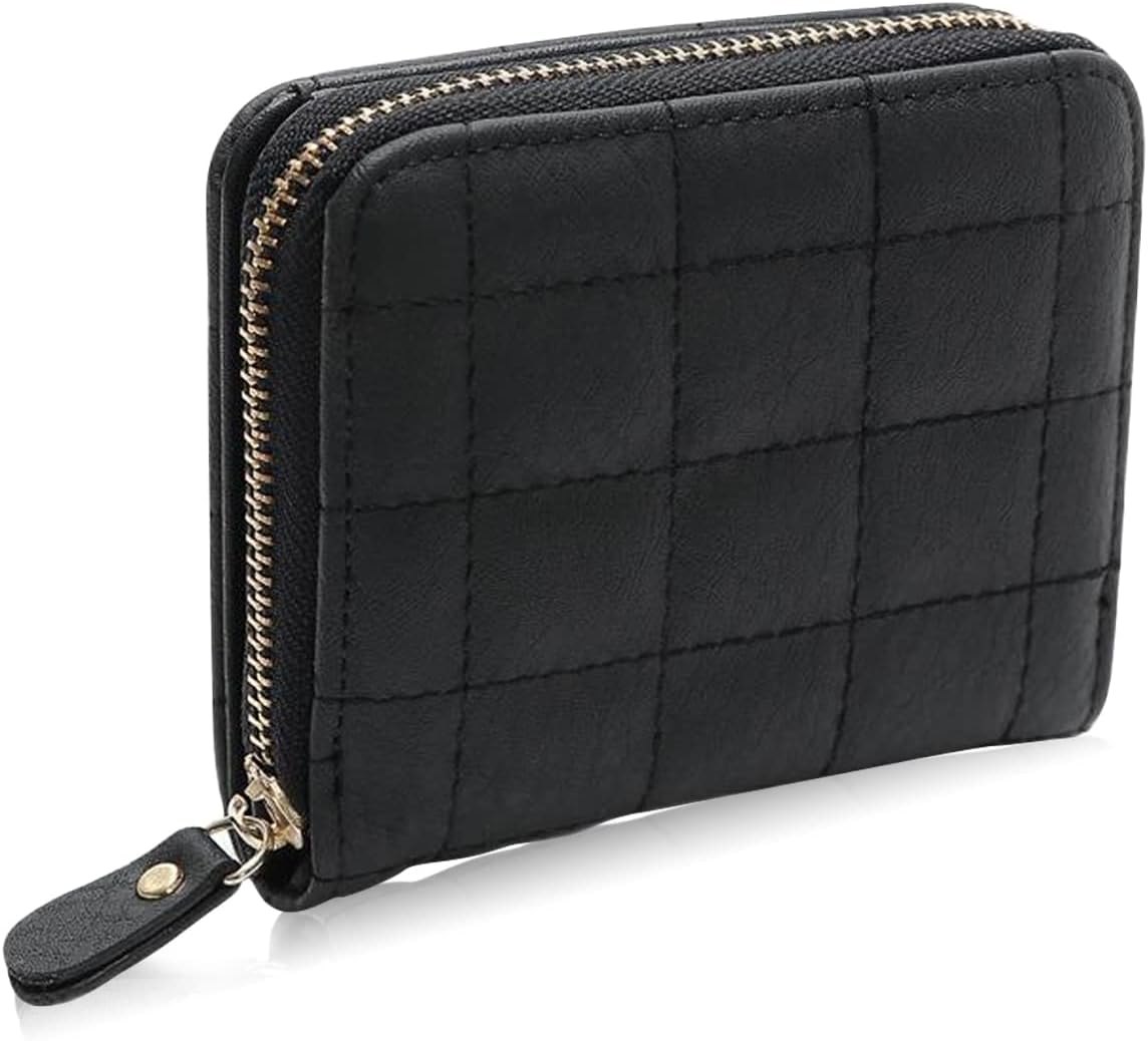 FuninCrea Ladies Purse Wallet, PU Leather Purse with Multiple Card Slots and Compartments, Lady Credit Card Holder with Zipper, Solid Color Wallet with Embroidery Pattern for Women, Girls(Black)