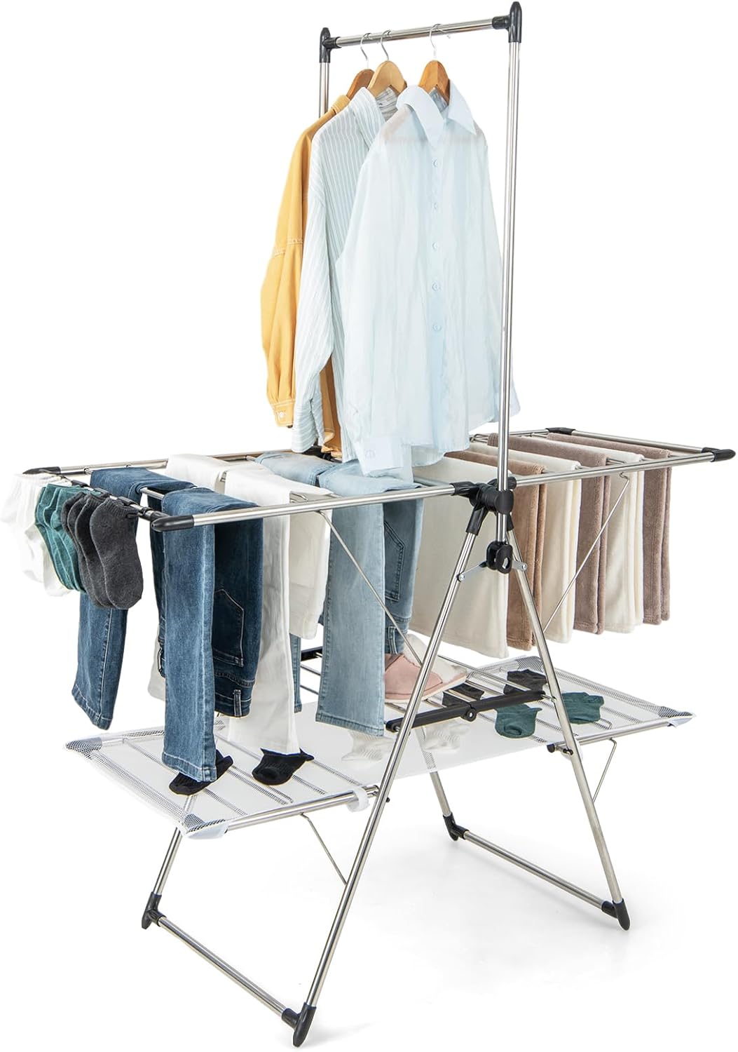 RELAX4LIFE Foldable Clothes Drying Rack, Gullwing Clothes Airer Winged Drying Stand with Height Adjustable Wings, High Hanger, Sock Clips, Netting Cloth & Shoe Hook, Stainless Steel Laundry Dryer Rack