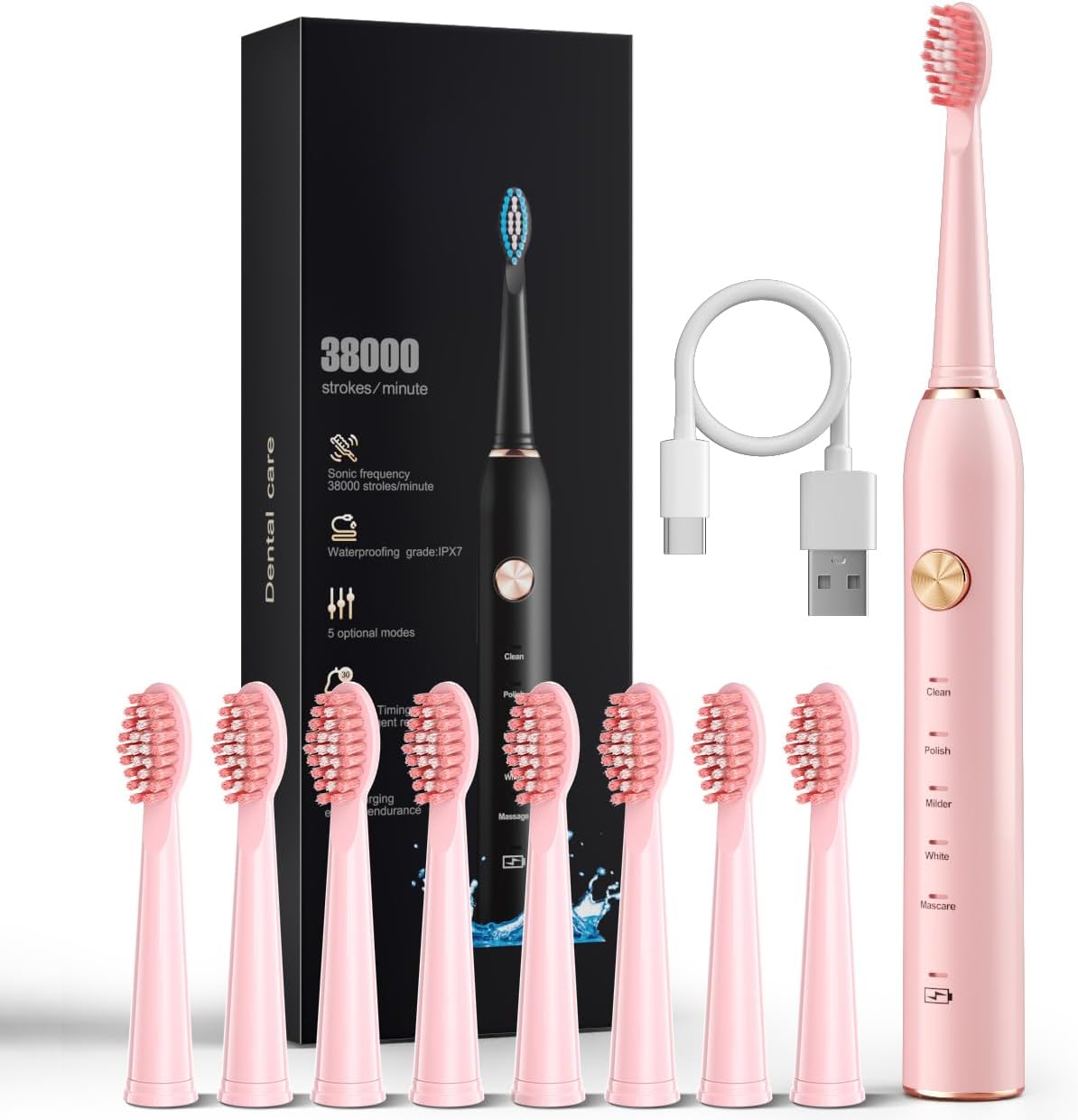 Sonic Electric Toothbrush for Adults, Smart Cleaning and Whitening, 5 Modes Selection 38000VPM Rechargeable, with Dupant Brush Heads Suitable for Travel, 1 Count, Pink