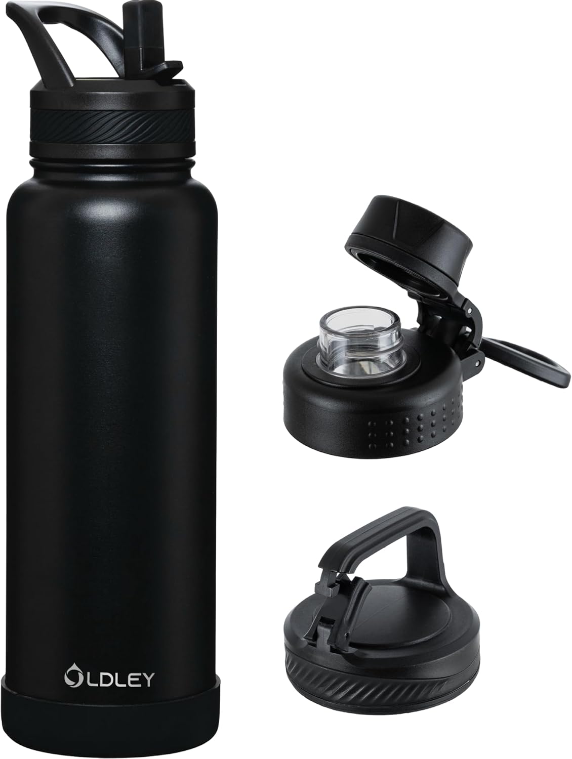 OLDLEY 40 oz Insulated Water Bottle With Straw, Stainless Steel Sports Water Cup Flask with 3 Lids(Straw, Spout and Handle Lid) Double Walled Travel Thermal Canteen Mug,Black