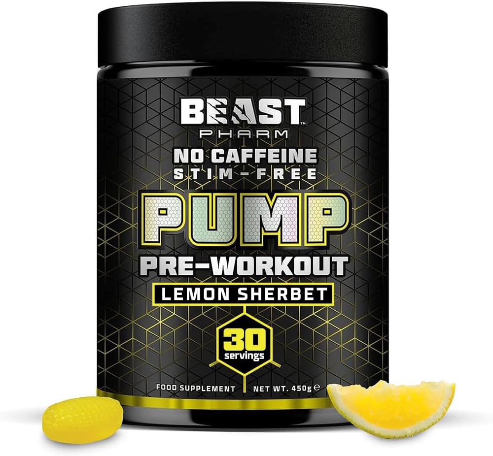 Beast Pump Non Stim Pre Workout Powder - 30 Servings - Stim Free Preworkout - Lemon Sherbet