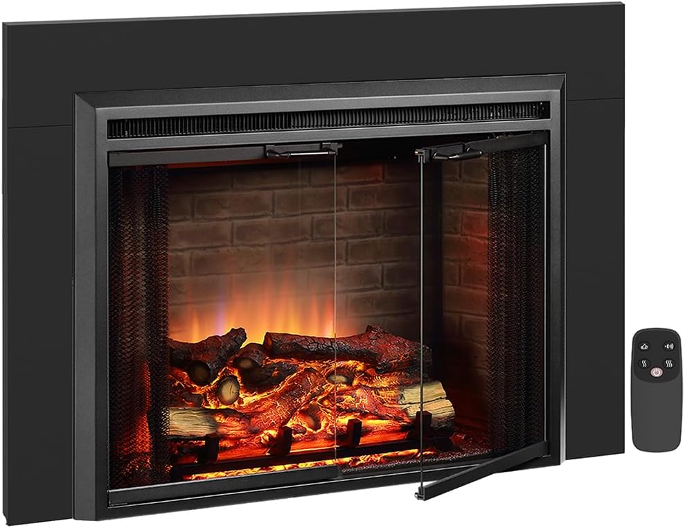 PuraFlame Klaus 33” Electric Fireplace Insert with Trim Kit, Fire Crackling Sound, Resin Log, Glass Door and Mesh Screen, 750/1500W Heater, Black