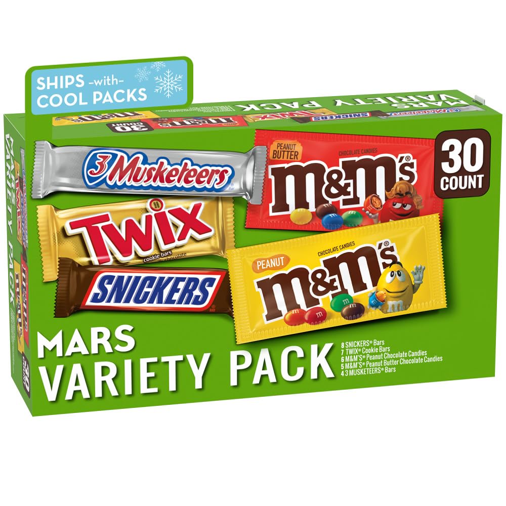 Mars SNICKERS, TWIX, MILKY WAY & 3 MUSKETEERS Variety Pack Full Size Bulk Milk Chocolate Candy Bars Assortment, 53.68 oz, 30 Bars