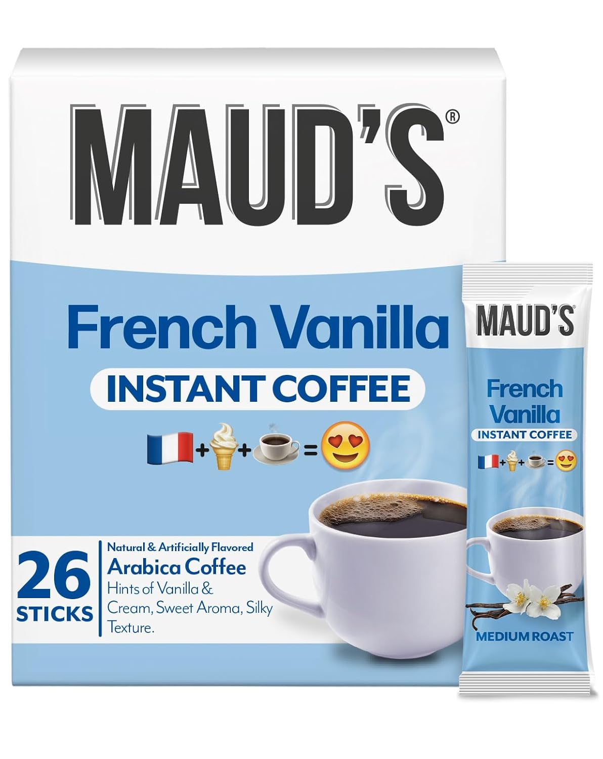 Maud's French Vanilla Instant Coffee, 26 ct, 100% Arabica Coffee, Medium Roast, Instant Hot or Iced Coffee - Just add water