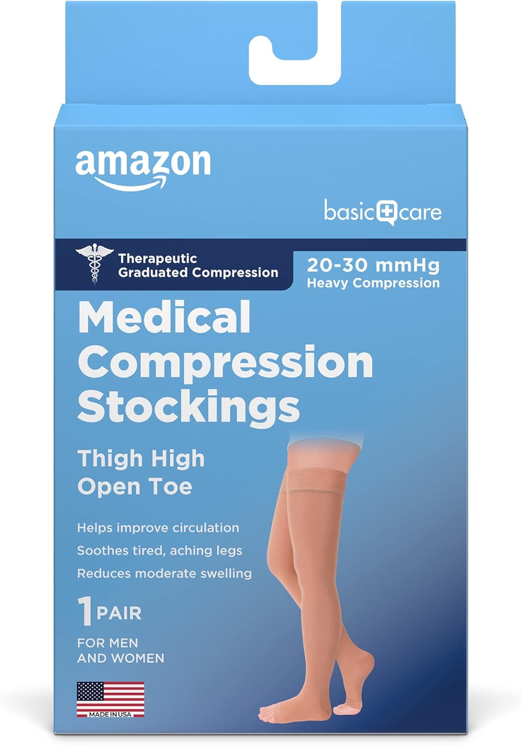 Amazon Basic Care Medical Compression Stockings, 20-30 mmHg Support, Women & Men Thigh Length Hose, Open Toe, Beige
