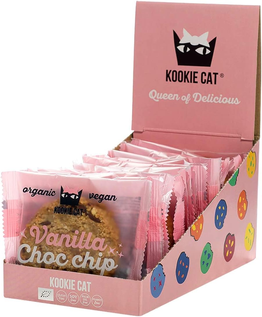 Kookie Cat Vanilla Choc Chip - Individually Wrapped Vegan Cookies, Gluten Free, Soy Free, Bio and Organic, Cashew & Oat - 12 x 50g