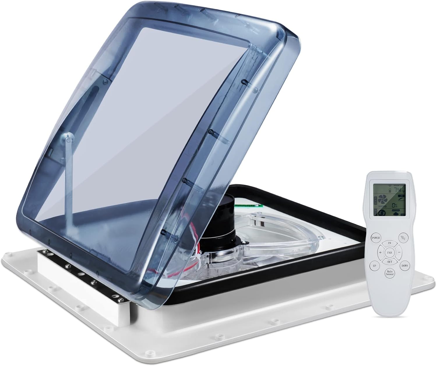 Hlieeosfcn Caravan Roof Vent Fan 12V with Rain Sensor, Roof Vent for Campervan Opening Size 40 * 40cm/15.7 * 15.7",Remote Speeds Reversible