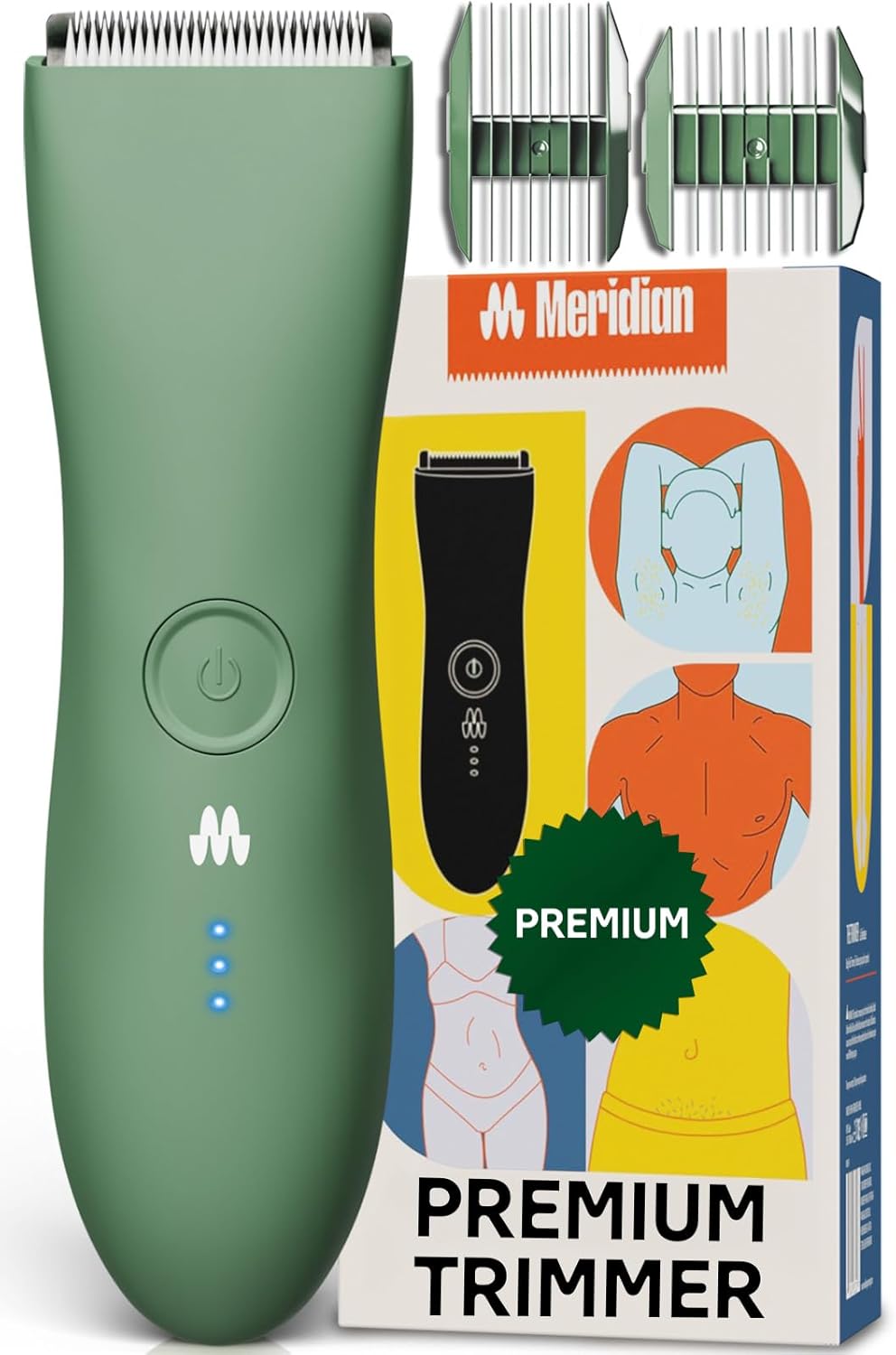 MERIDIAN The Trimmer Premium - Body Hair Trimmer & Electric Shaver for Men and Women for Pubic Hair, Chest, Legs & Bikini Line, Waterproof & Rechargeable, Sage