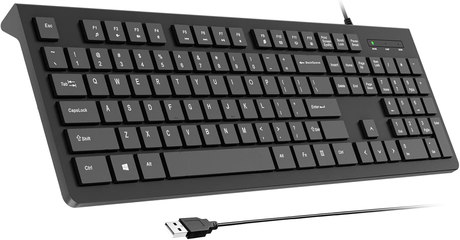 Computer Keyboard Wired, Plug Play USB , Low Profile Chiclet Keys, Large Number Pad, Caps Indicators, Foldable Stands, Spill-Resistant, Anti-Wear Letters for Windows Mac PC Laptop, Full Size
