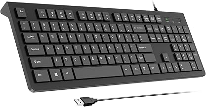 Computer Keyboard Wired, Plug Play USB , Low Profile Chiclet Keys, Large Number Pad, Caps Indicators, Foldable Stands, Spill-Resistant, Anti-Wear Letters for Windows Mac PC Laptop, Full Size