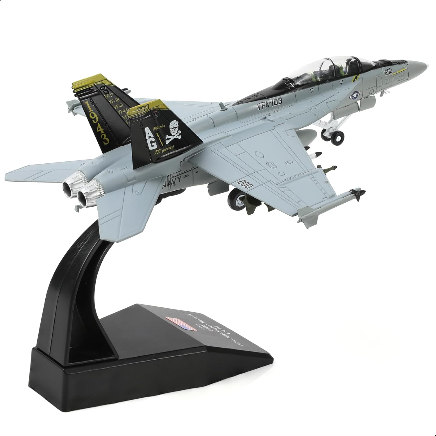 1/100 F/A-18 Super Hornet Diecast Metal Fighter Jet Model Kits Pre-Build Replica 1943-2018 Jolly Roger Livery Military for Display Collection or Gift