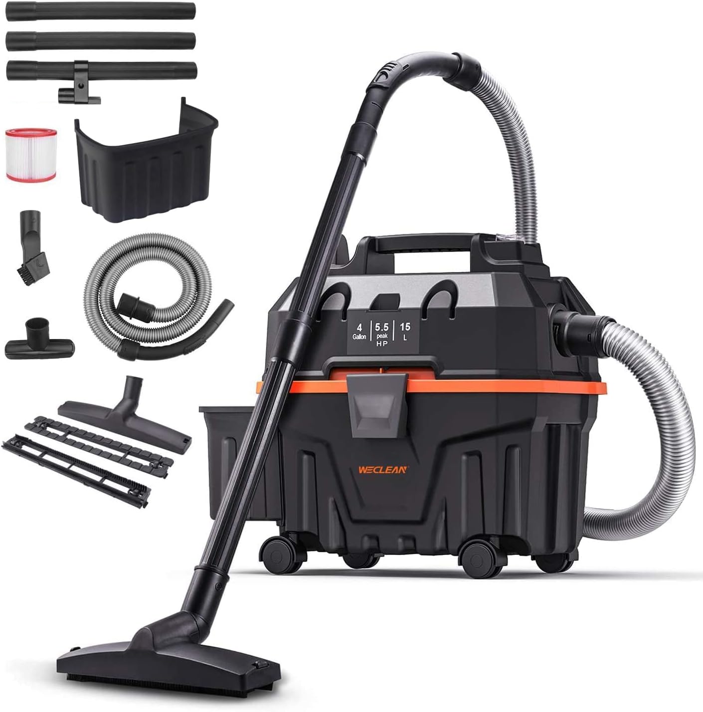 WECLEAN 4 Gallon 5.5 Peak HP Commercial Wet Dry Vacuum Cleaner Shop Vac for Outdoor Patio Wet & Dry Construction Shop Vac with Blower Gift for Father