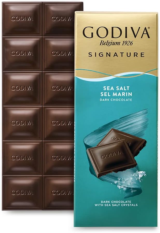 Godiva Chocolatier Signature Dark Chocolate & Sea Salt Tablet - Smooth Dark Chocolate with Sea Salt Crystals - 12 Chocolate Squares - Premium and Delicious Chocolate Treat - 90g