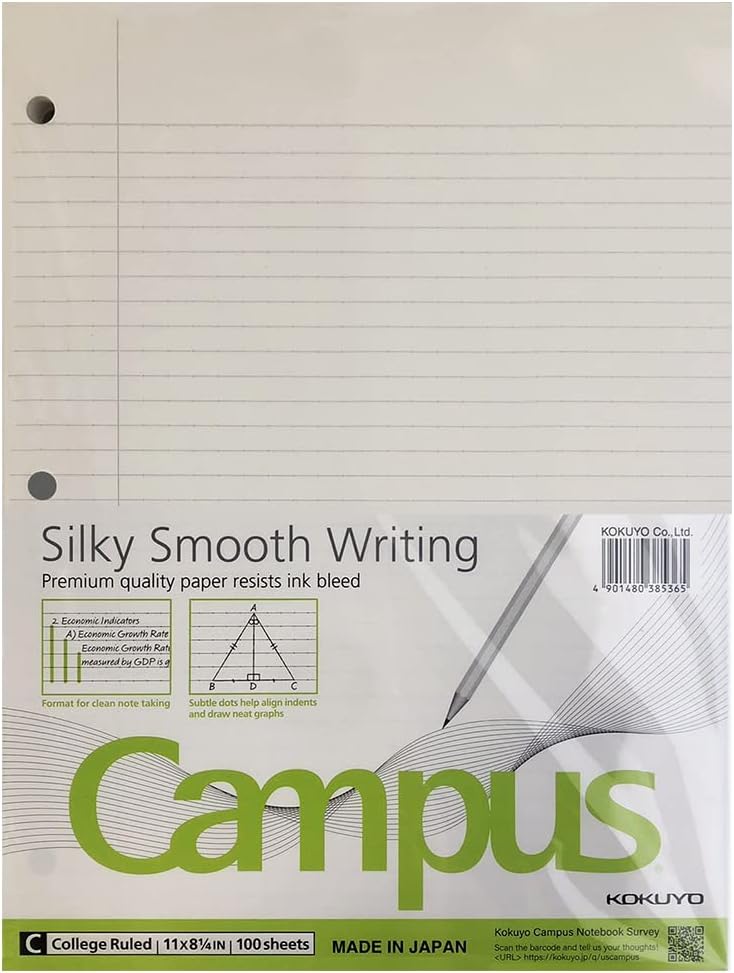 Kokuyo Campus Loose Leaf Paper for 3 Ring Binders, 11” x 8-1/4”, College Ruled, 100 Sheets, Premium quality paper resists ink bleed, Made in Japan (WSG-NO-887G1)