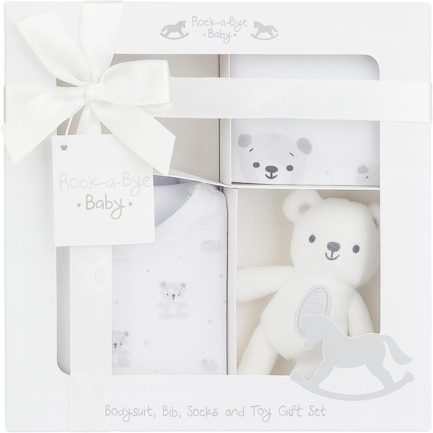 Bundle Bear New Born Baby Gift Set - Unisex Baby Shower Gifts Featuring Bodysuit, Bib, Socks and Soft Toy, Gender Reveal Gifts & New Born Baby Essentials (Unisex, 0-3 Months)