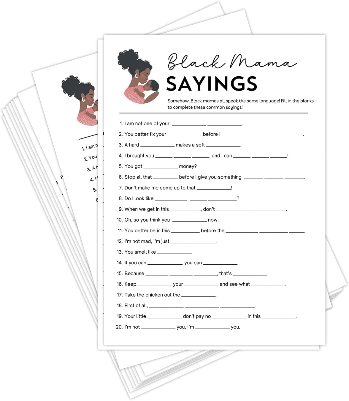 HerZii Prints Black Mama Sayings Baby Shower Game Cards with Answer Key, 50 Pack, Fun Party Activity Sheets, 5x7 Inch