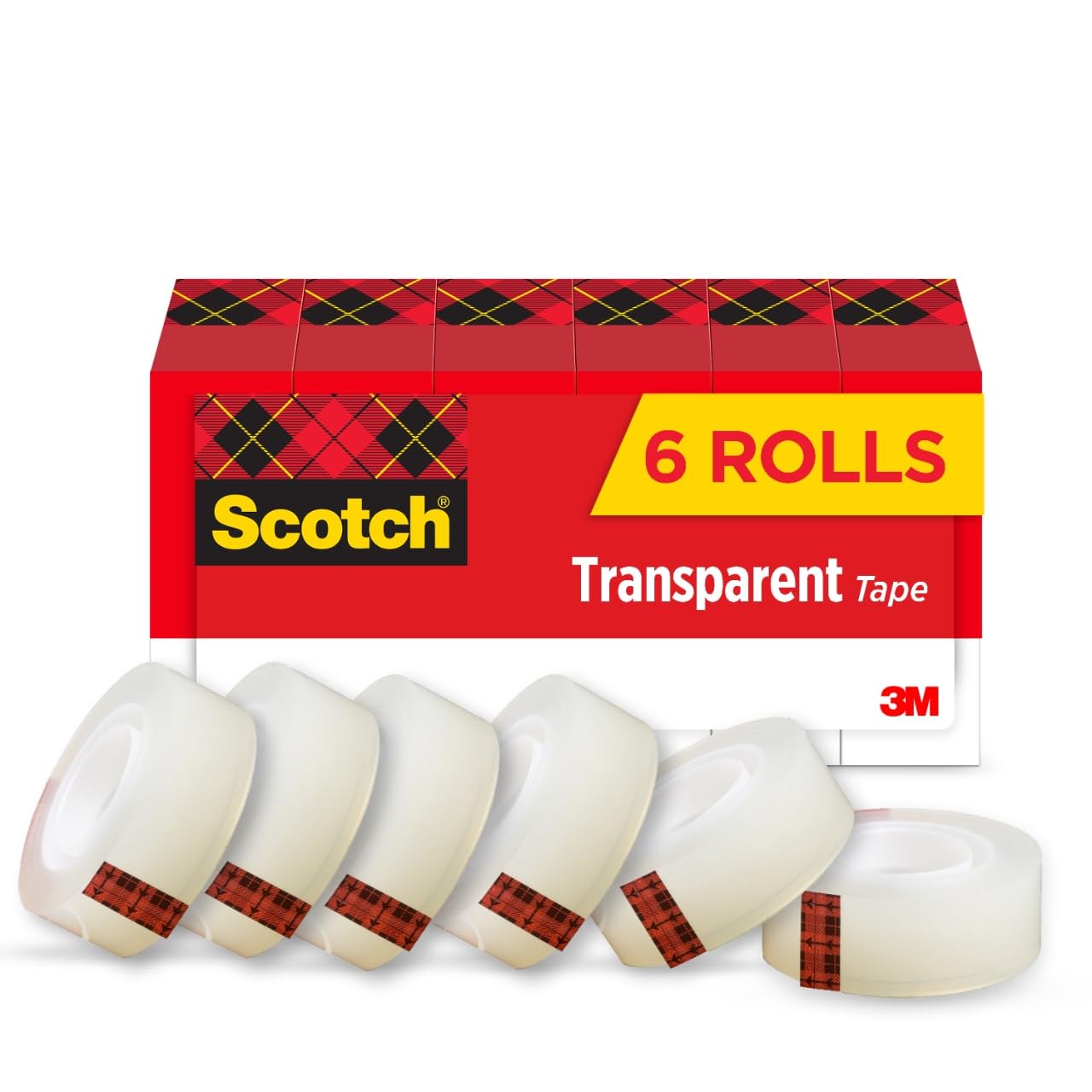 Scotch Transparent Tape, Clear Tape Engineered for Office and Home Use, 1 Inch Core, 3/4 in x 1296 in, 6 Rolls
