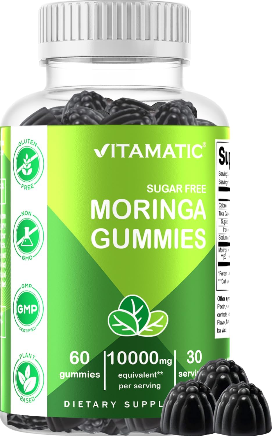 Vitamatic Sugar Free Moringa Gummies – 10,000 mg Equivalent per Serving (from 200 mg of 50:1 Extract) – Green Superfood Supplement – 60 Pectin-Based Vegan Gummies – No Sugar Added