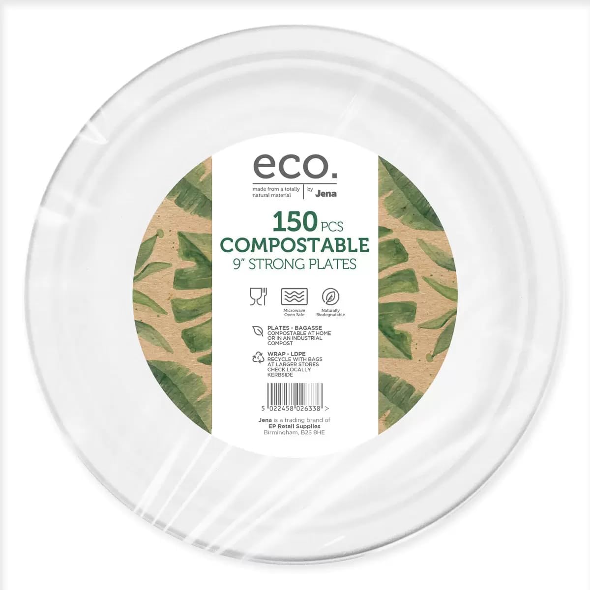 AHG Investment JENA Eco Compostable Strong Plates | Strong & Microwaveable | 9 Inches 22.8 cm | Ideal for Parties & Picnics | 150 Pack