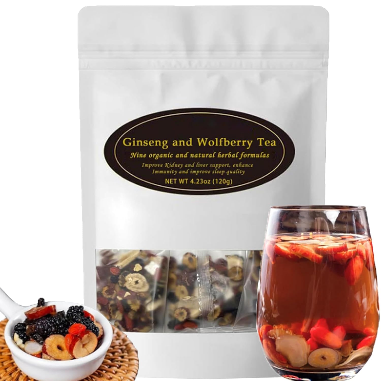 Ginseng and Wolfberry Tea, Kidney Formula Ginseng Nine Treasure Tea, Red Date Wolfberry Mulberry Kidney Cleanse Chinese Herbal for Women & Men (1Bag(12pcs))