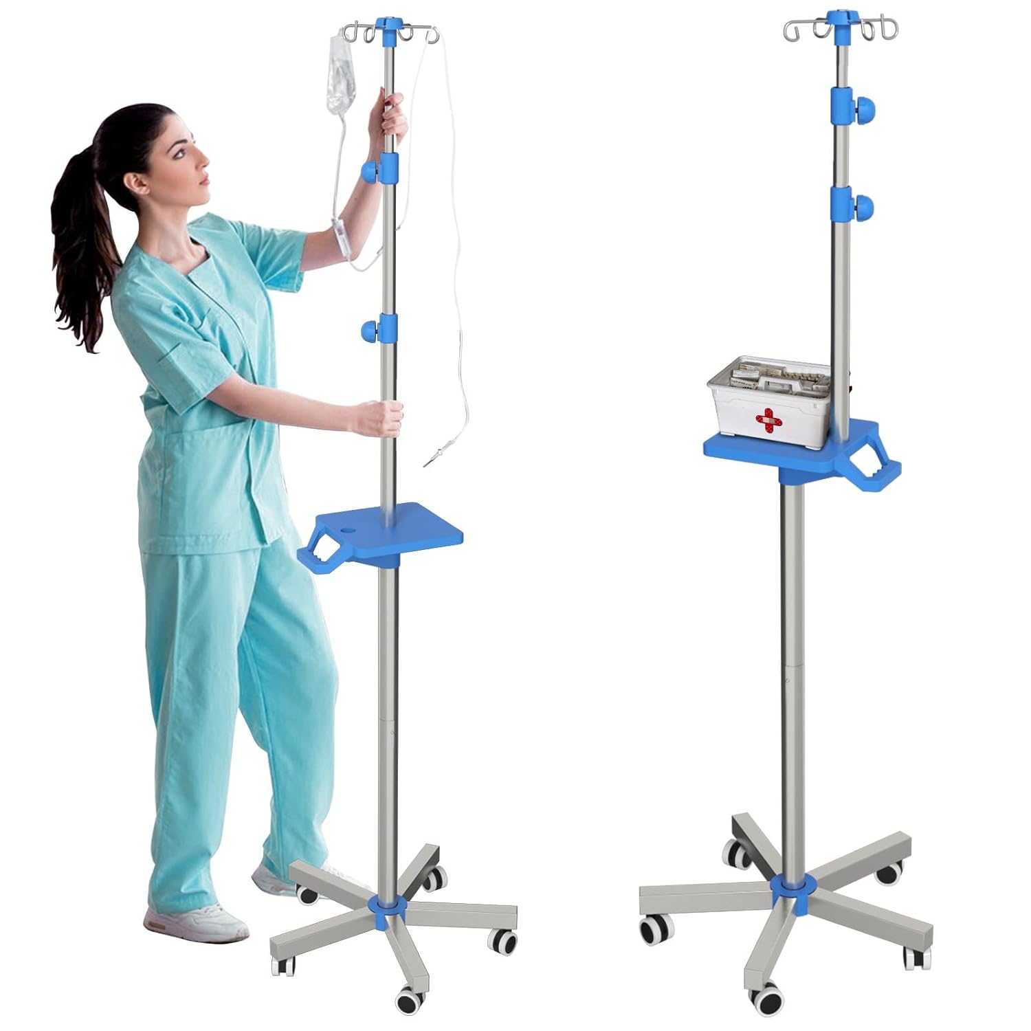 Rolling IV Pole with Tray - Stainless Steel 4 Hooks IV Stand with Wheels Height Adjustable for Clinic Home Care