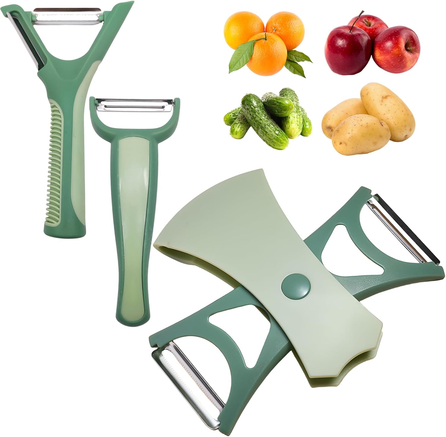 Trez Treamer 3-Pack Vegetable Peelers for Kitchen，2 in 1 Mutifunctional Rotating Shaft Veggie Peeler,Dual-Blade Potatoes Peeler and Y peeler for Apple Veggie Carrot (Green)