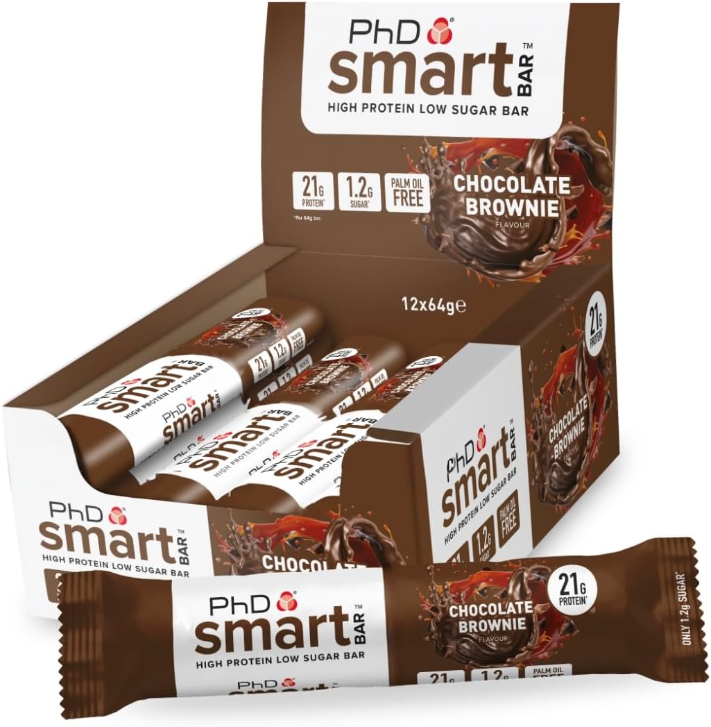 PhD Nutrition Smart Protein Bar Low Calorie, Nutritional Protein Bars/Protein Snacks, High Protein Low Sugar, Chocolate Brownie Flavour, 20g of Protein, 64g Bar (12 Pack)