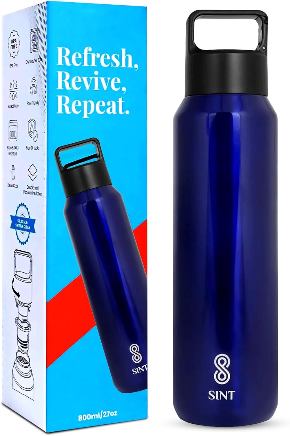 Carbonated Sports Water Bottle Stainless Steel 27 Oz Leak Proof Gym & Sports Bottles for Men & Women Double Walled & Vacuum Insulated With Dishwasher Safe (BLUE)