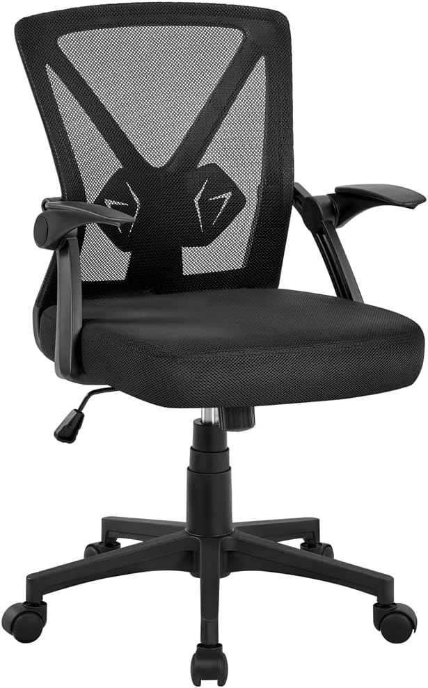 Yaheetech Home Office Chair Work Desk Chair Swivel Computer Mesh Chair with Flip-up Arms Adjustable Height Lumbar Support Executive Office Task Chair for Home Office Students Study, Black