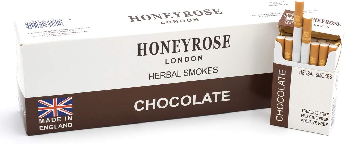 Honeyrose Herbal Cigarettes Carton "Chocolate" Flavor, 100% Tobacco & Nicotine Free, 100% Natural, Herbal Smokes, Quit Smoking, Made in England