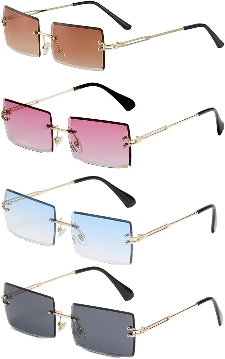 EUPSIIU 4 Pairs Rimless Rectangle Sunglassesfor Women Men, Fashion Square Rimless Sunglasses UV Protection Retro Frameless Funky Eyewear Gradient Vintage Glasses for Beach Travel Party